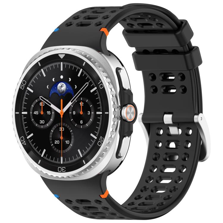 Black perforated silicone watch band with silver buckle on a smartwatch.