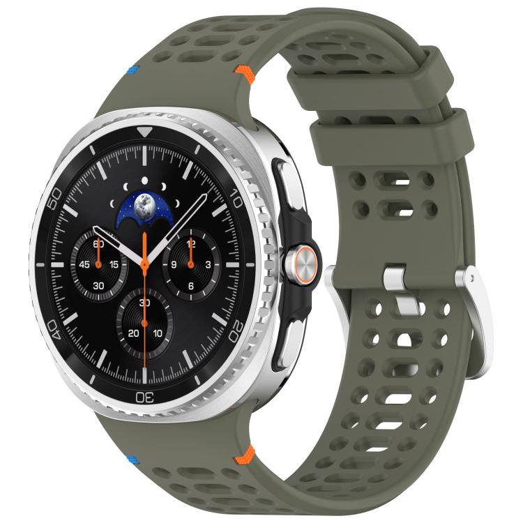 Olive green perforated silicone watch band with silver buckle, shown on a silver smartwatch