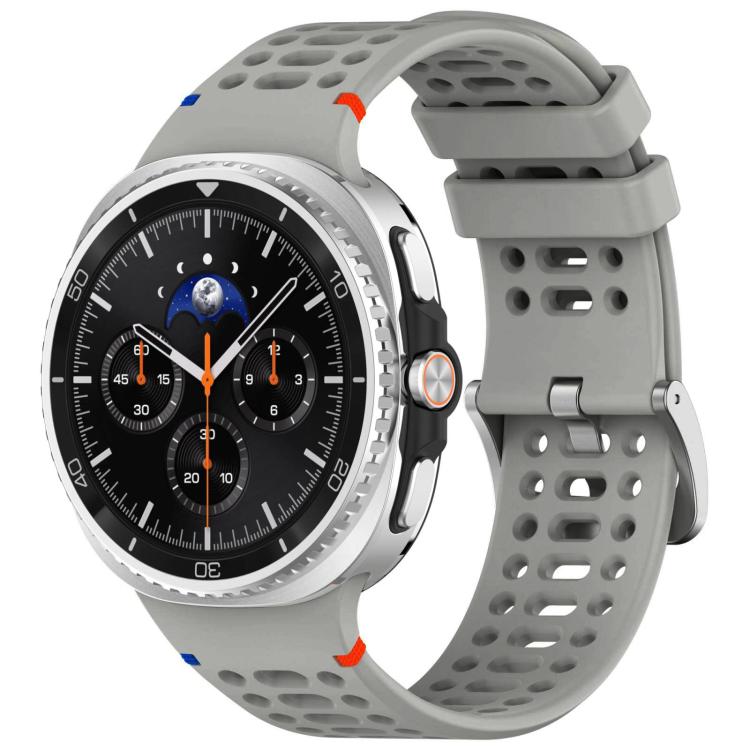 Light gray perforated silicone watch band with silver buckle, shown on a silver smartwatch