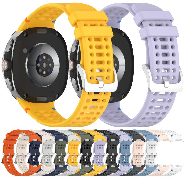 Perforated silicone watch bands in assorted colors, shown on smartwatches and arranged in a color lineup