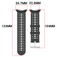 Black perforated silicone watch band with measurements for strap width and length