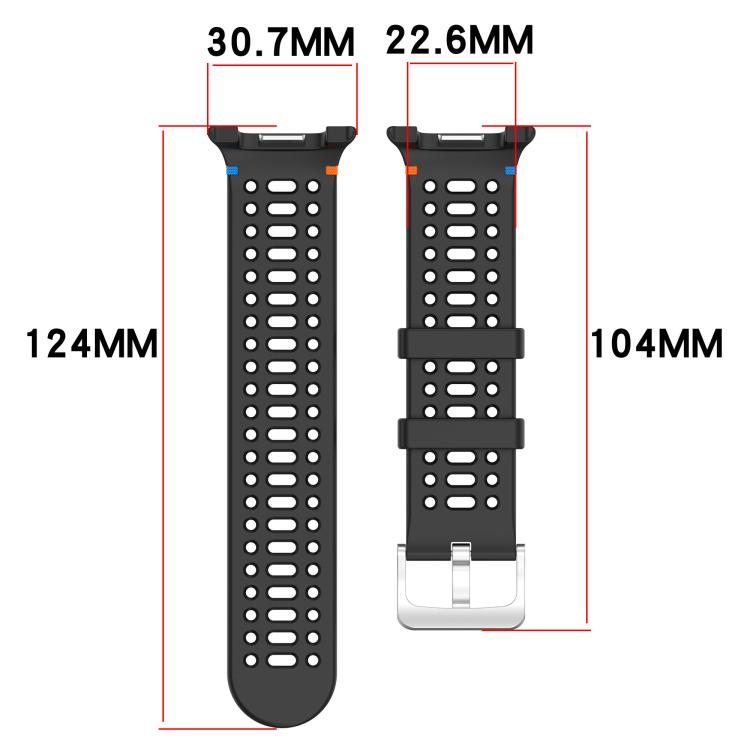 Black perforated silicone watch band with measurements for strap width and length