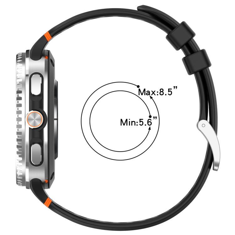 Black silicone watch band shown with adjustable wrist circumference from 5.6 to 8.5 inches