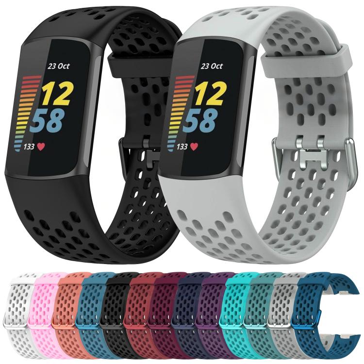 Perforated silicone watch bands in multiple colors, shown with black and light gray trackers