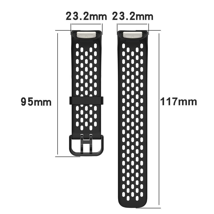 Black perforated silicone watch band pieces with length and width measurements