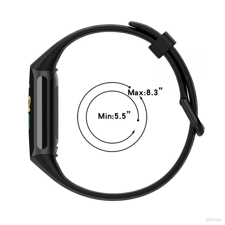 Black perforated watch band attached to a tracker, sized for 5.5 to 8.3-inch wrists