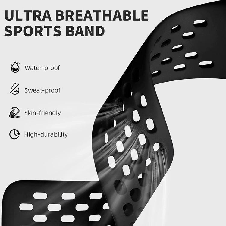 Close-up of a flexible black silicone watch band with ventilation holes