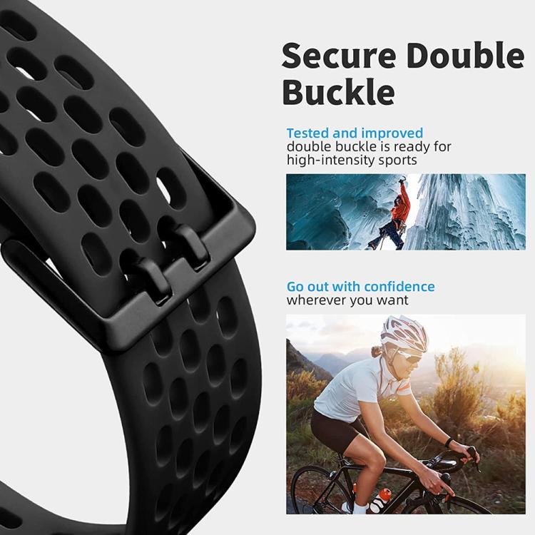 Black perforated silicone watch band with a secure double-buckle closure