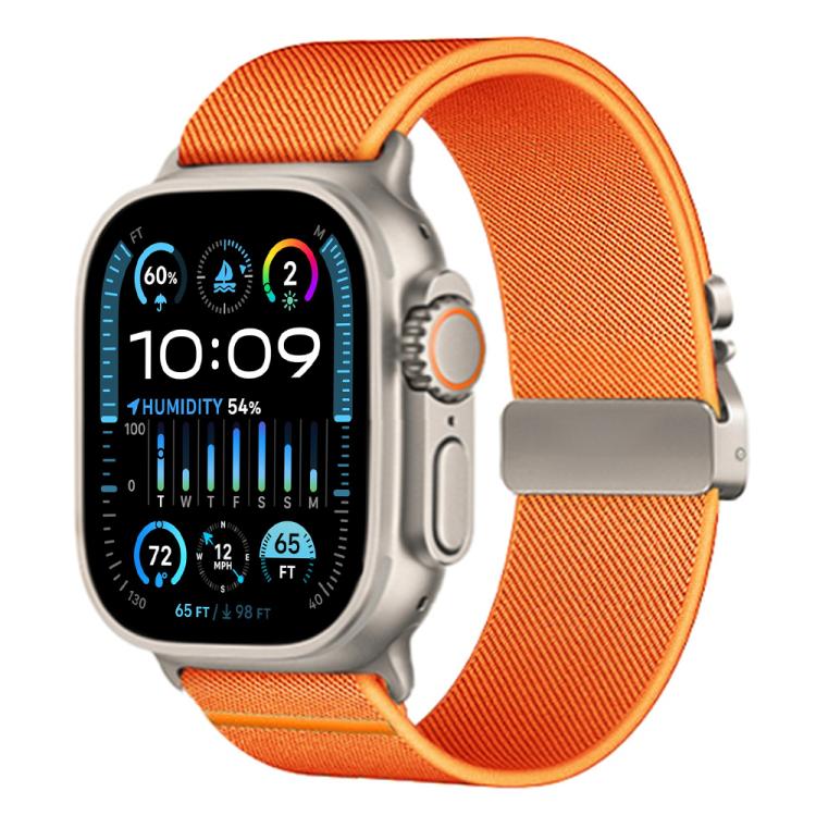 xDfind orange stretch nylon watch band with parachute buckle, shown on Apple Watch