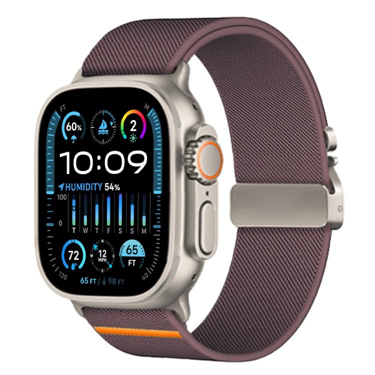 Smoke purple xDfind nylon watch band with parachute buckle and orange accent, shown on Apple Watch