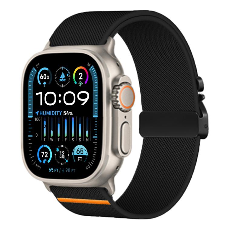 Black stretch nylon Apple Watch band with orange accent and metal parachute buckle