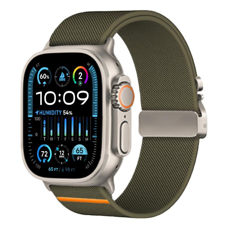 Army green stretch nylon Apple Watch band with orange accent and metal parachute buckle