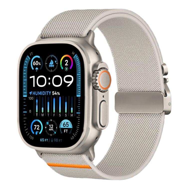 Apple Watch with a light gray stretch nylon band, silver buckle, and orange accent stripe