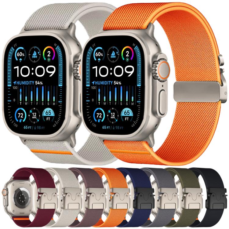 Stretch nylon Apple Watch bands in multiple colors, shown on watches and laid out