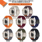 Stretch nylon Apple Watch bands in eight colors, shown with watch size options