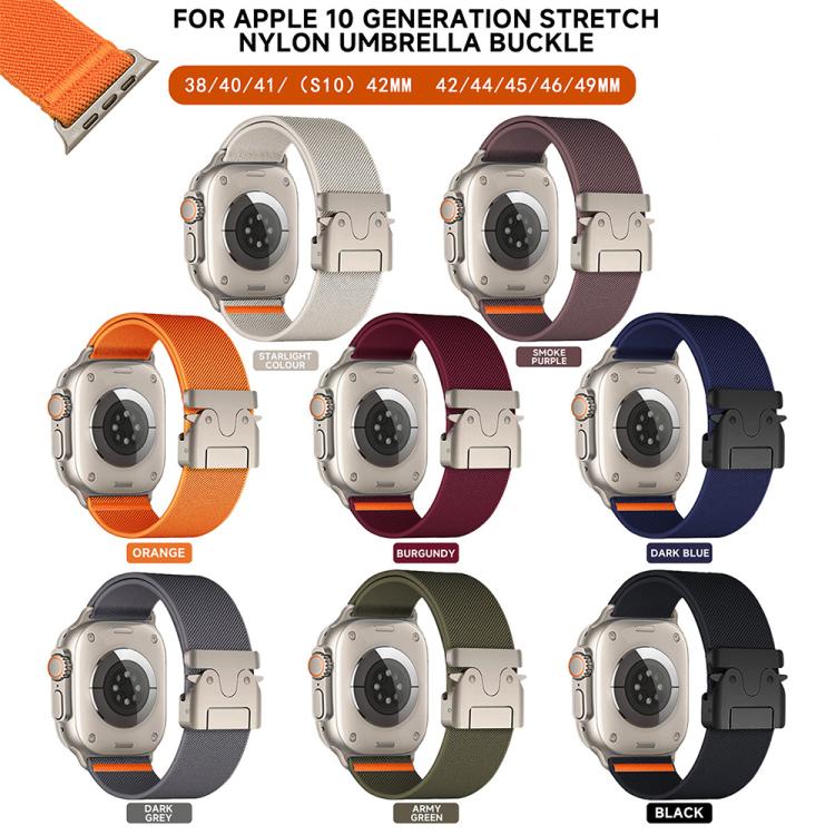 Stretch nylon Apple Watch bands in eight colors, shown with watch size options