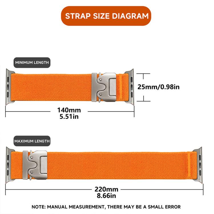 Orange stretch nylon Apple Watch band with adjustable length and width measurements