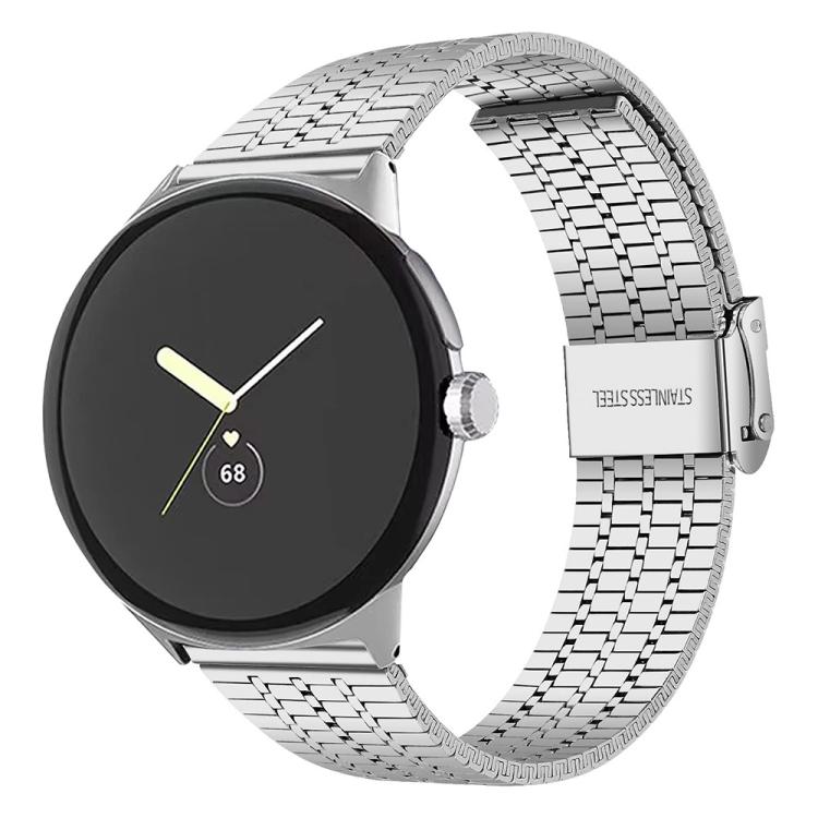 Silver seven-bead stainless steel watch band fitted to a round smartwatch