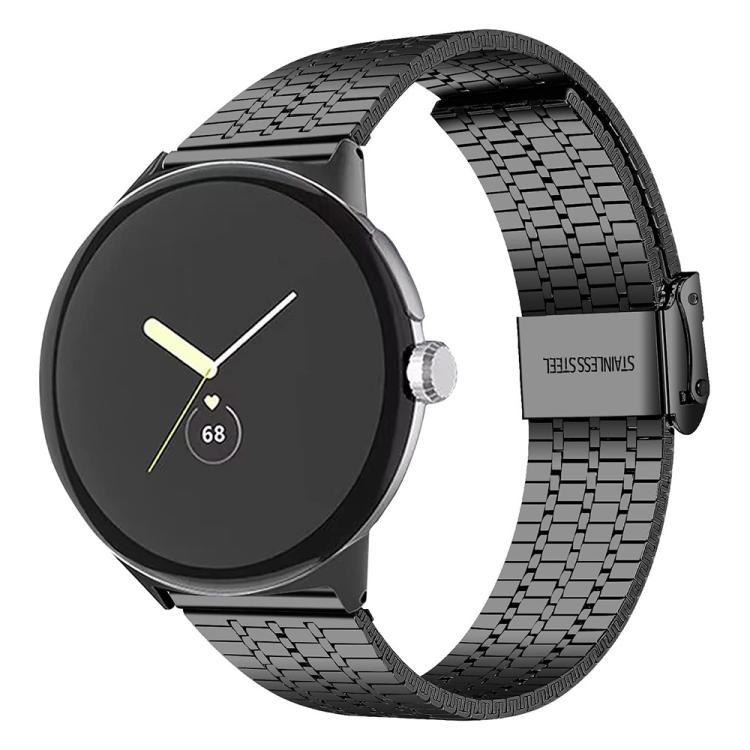 Black metal watch band with linked bracelet and clasp on a round smartwatch