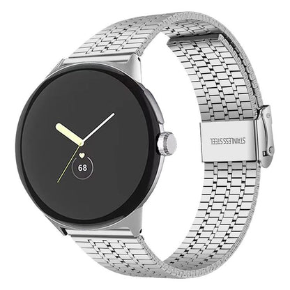 Silver metal watch band with linked bracelet and clasp on a round smartwatch