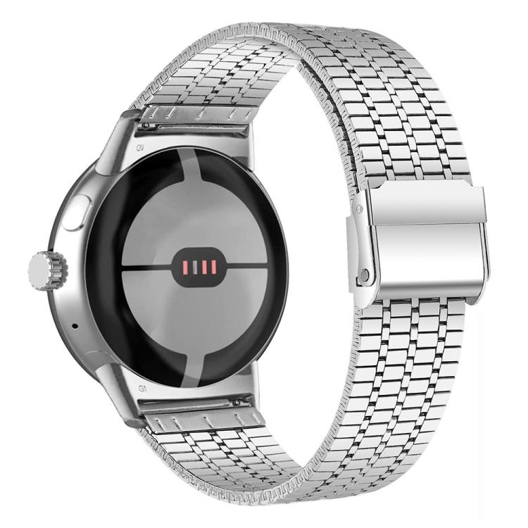 Silver stainless steel watch band shown on the back of a round smartwatch