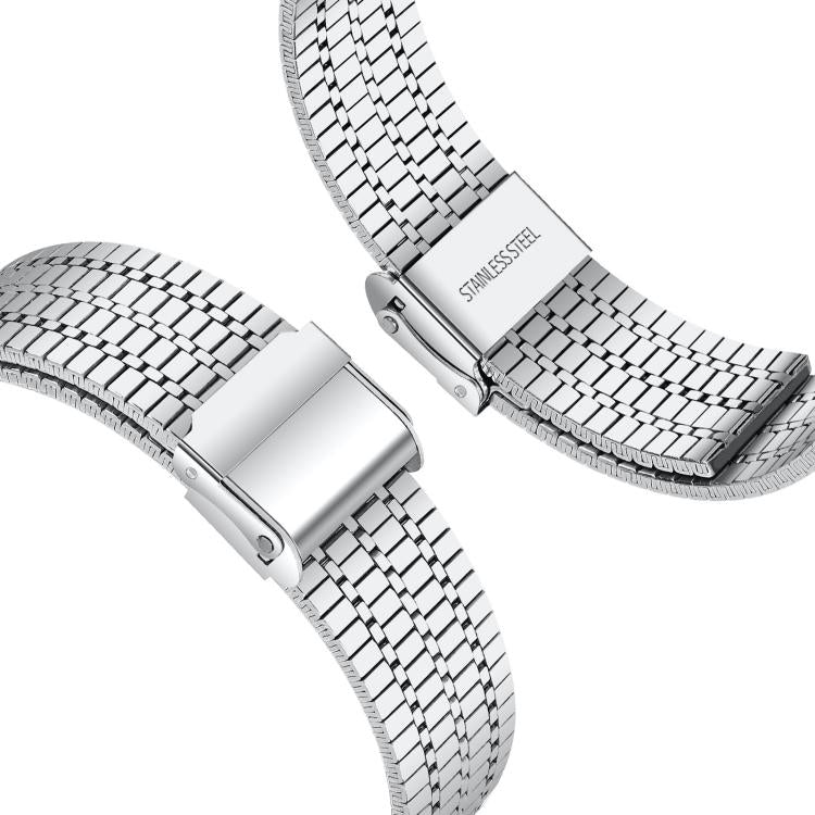 Silver stainless steel watch band with seven-bead links and folding clasp