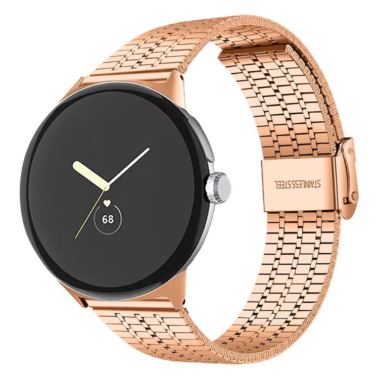 Rose gold seven-bead stainless steel watch band on a round smartwatch