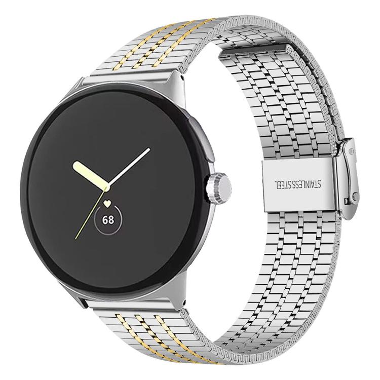 Two-tone silver and gold stainless steel watch band on a round smartwatch