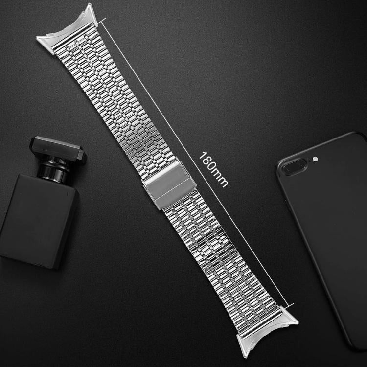 Silver seven-bead stainless steel watch band, shown at full length