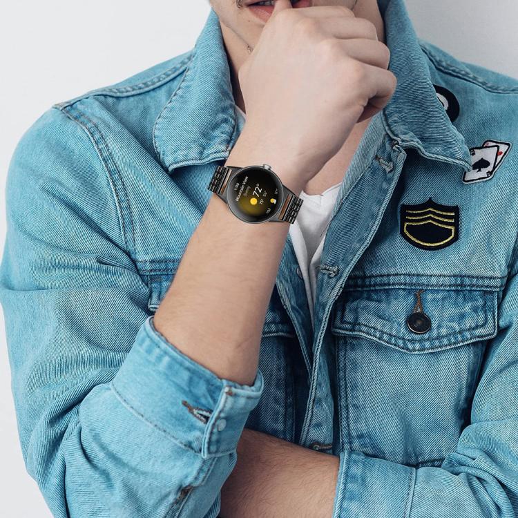 Black stainless steel watch band worn on a wrist