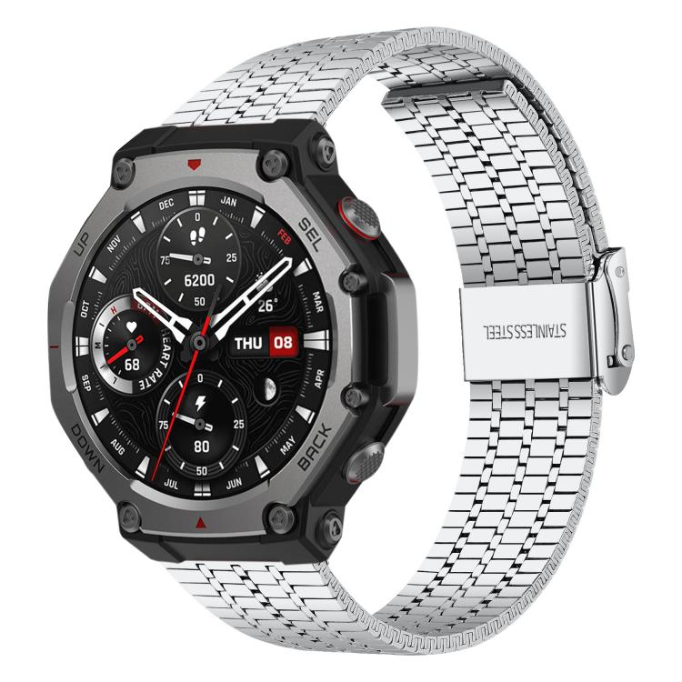 Silver seven-bead stainless steel watch band with folding buckle, attached to a smartwatch