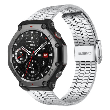 Silver seven-bead stainless steel watch band with folding buckle, attached to a smartwatch