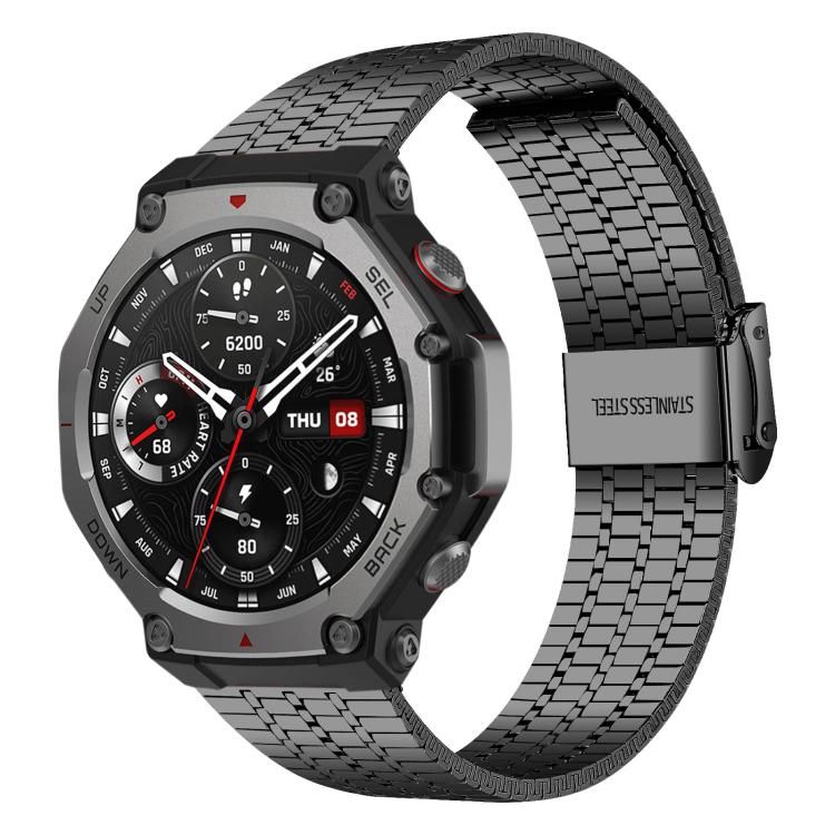 Black seven-bead stainless steel watch band with folding buckle, attached to a smartwatch