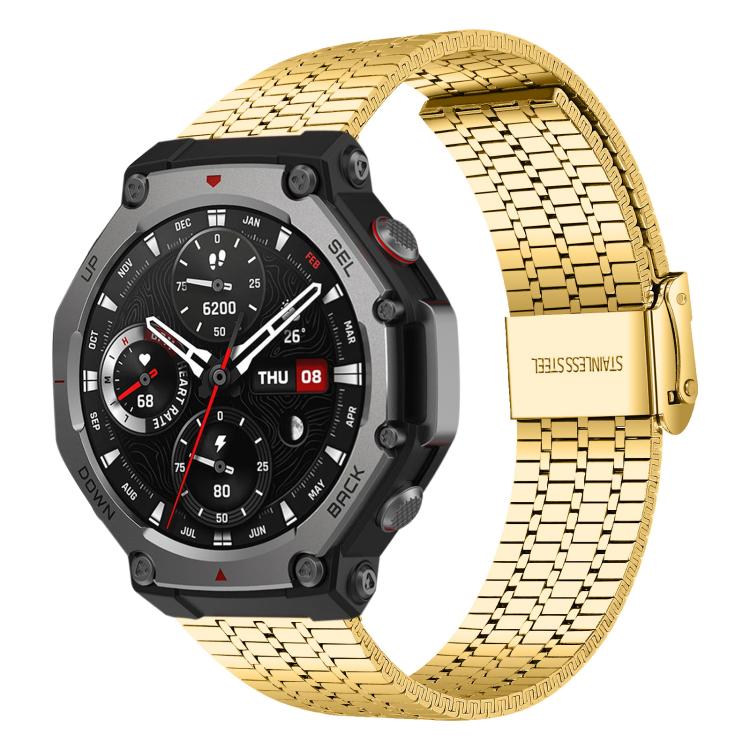 Gold seven-bead stainless steel watch band with folding buckle, attached to a smartwatch