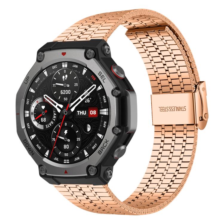 Rose gold seven-bead stainless steel watch band shown attached to a rugged smartwatch