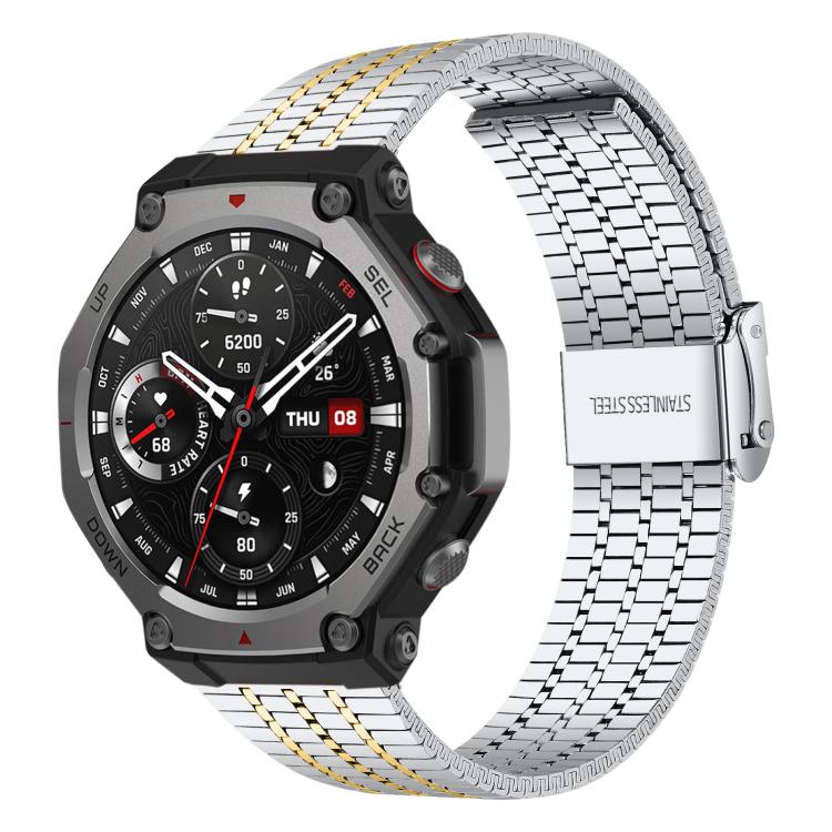 Silver watch band with gold-accented stainless steel links and folding buckle