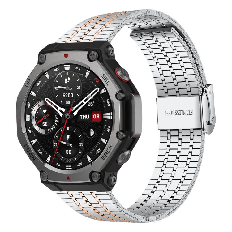Silver watch band with rose gold-accented stainless steel links and folding buckle