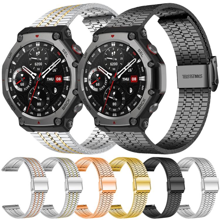Six color options of seven-bead stainless steel watch bands shown with smartwatches