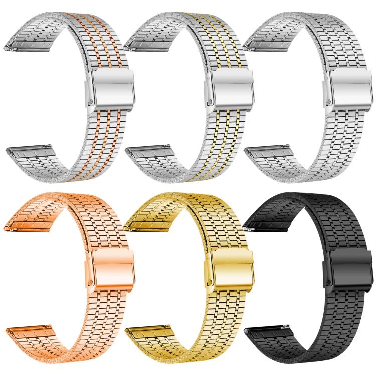 Six stainless steel watch bands in silver, mixed-metal, rose gold, gold, and black