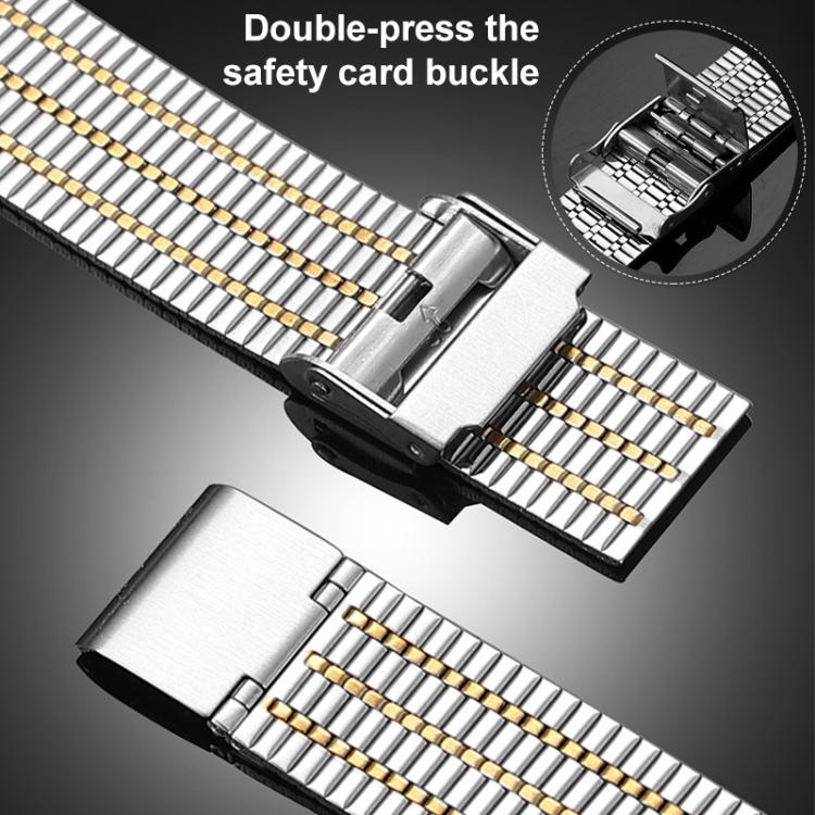 Two-tone stainless steel watch band with a double-press safety clasp.