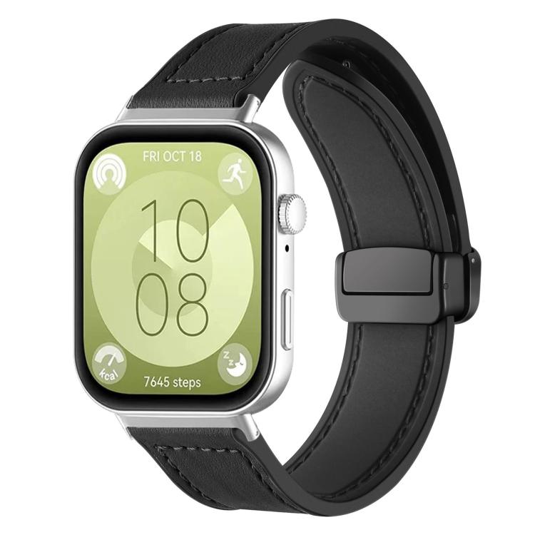 Black silicone watch band with stitched panels and magnetic buckle, shown on a smartwatch.
