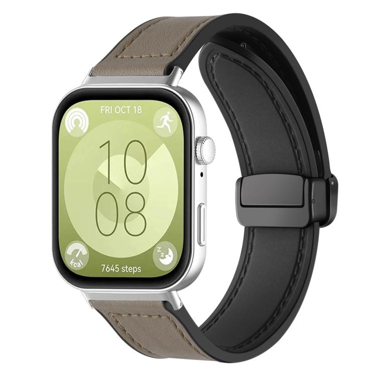 Taupe silicone watch band with stitched panels and magnetic buckle, shown on a smartwatch.