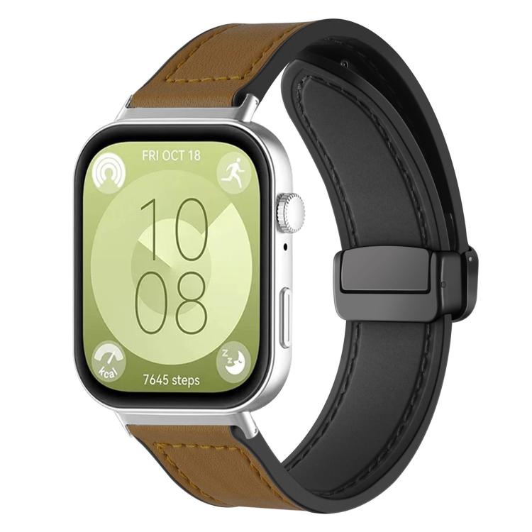 Light brown silicone watch band with stitched panels and magnetic buckle, shown on a smartwatch.