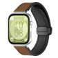 Dark brown silicone watch band with stitched panels and magnetic buckle, shown on a smartwatch.