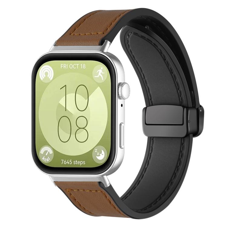 Dark brown silicone watch band with stitched panels and magnetic buckle, shown on a smartwatch.