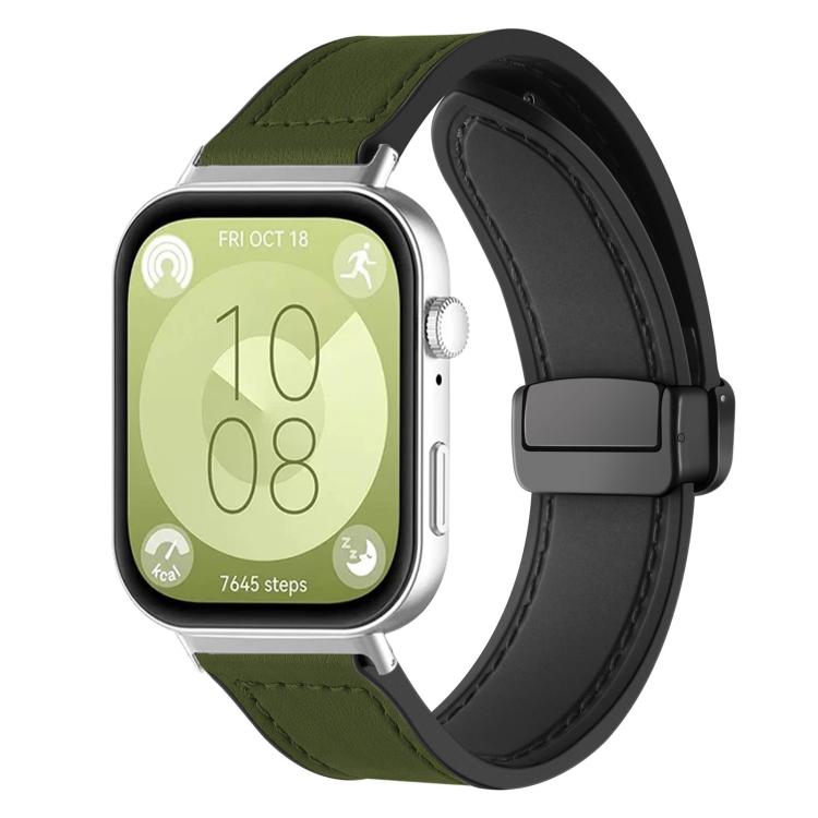 Green and black silicone watch band with magnetic buckle on a smartwatch