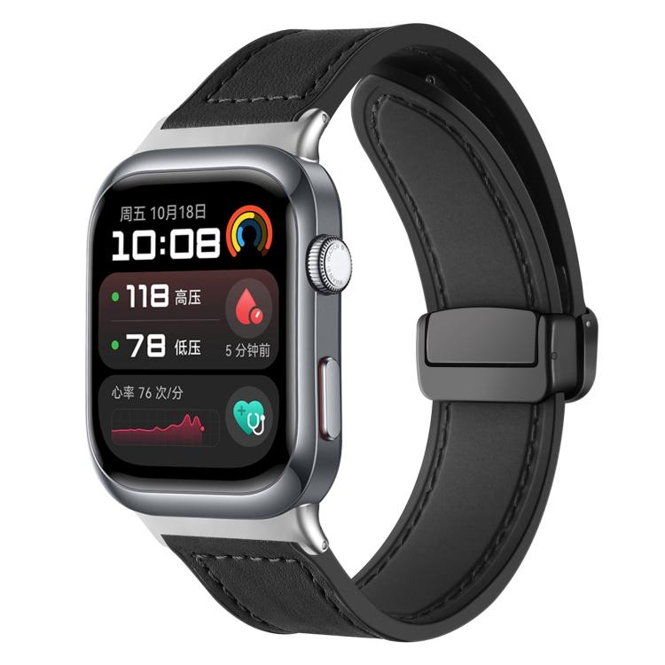 Black silicone watch band with stitched panels and magnetic buckle, shown on a smartwatch.