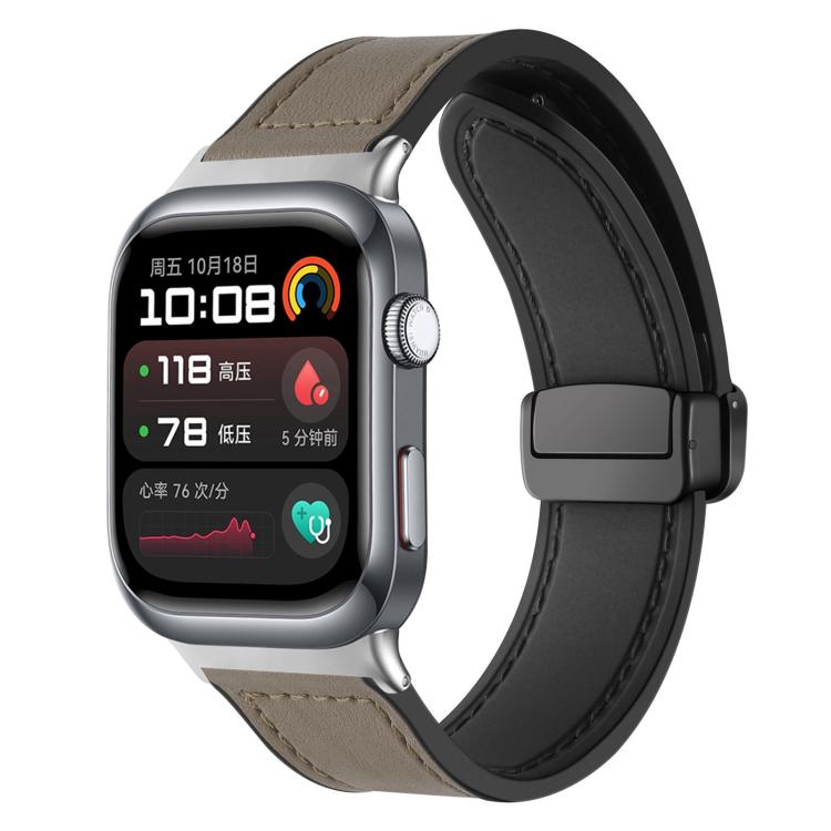 Taupe silicone watch band with stitched panels and magnetic buckle, shown on a smartwatch.