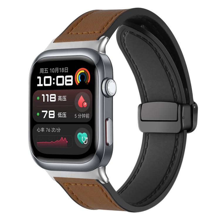 Dark brown silicone watch band with stitched panels and magnetic buckle, shown on a smartwatch.