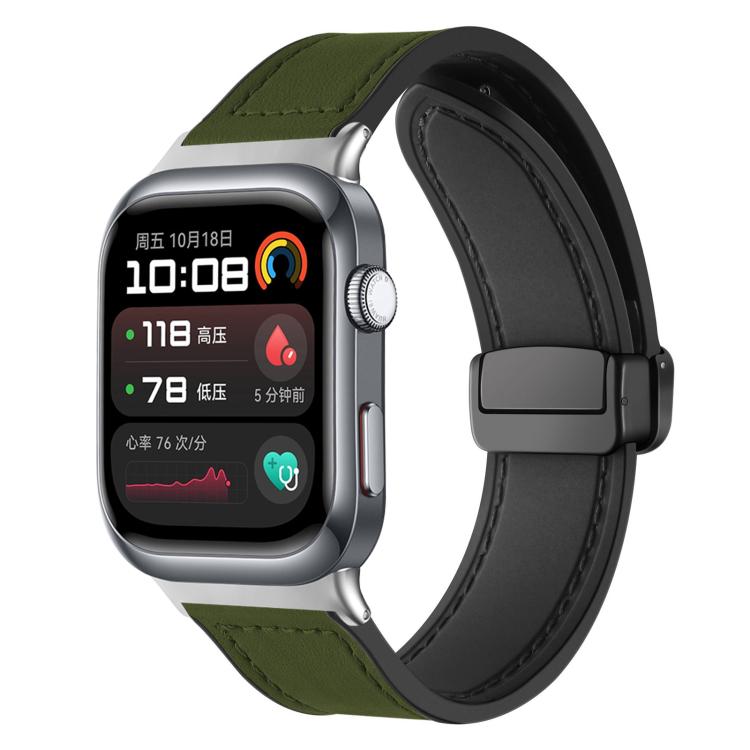 Army green silicone watch band with stitched panels and magnetic buckle, shown on a smartwatch.